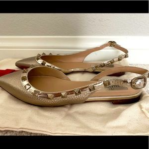 Valentino rosegold rockstud pointed toe metallic leather slingback flats